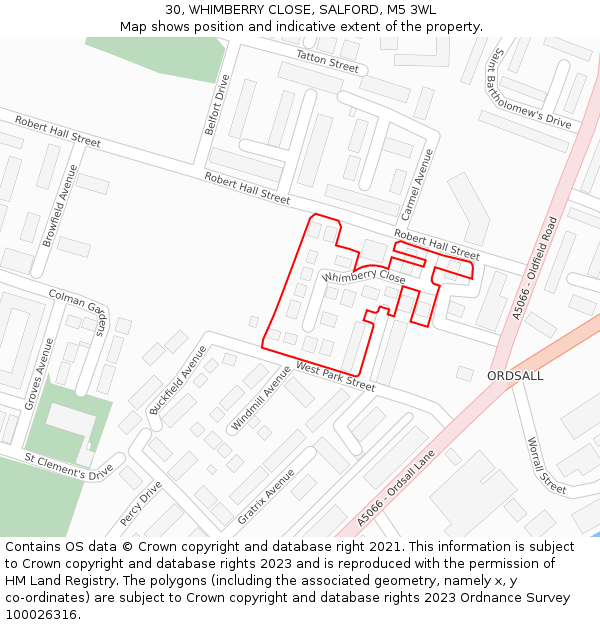 30, WHIMBERRY CLOSE, SALFORD, M5 3WL: Location map and indicative extent of plot