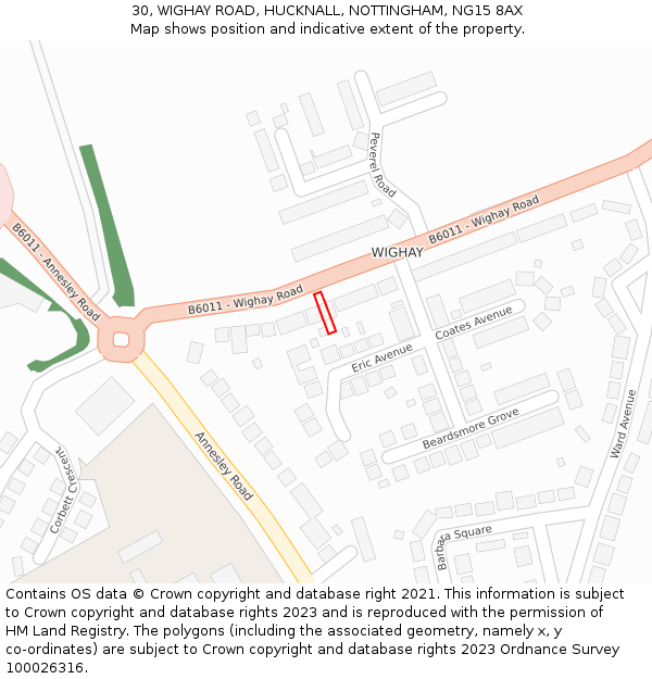 30, WIGHAY ROAD, HUCKNALL, NOTTINGHAM, NG15 8AX: Location map and indicative extent of plot