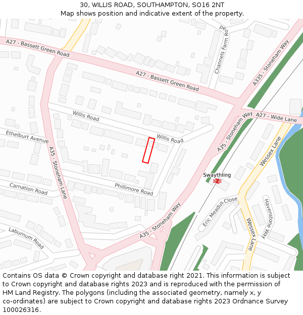30, WILLIS ROAD, SOUTHAMPTON, SO16 2NT: Location map and indicative extent of plot