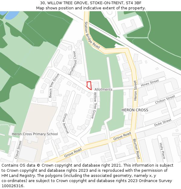 30, WILLOW TREE GROVE, STOKE-ON-TRENT, ST4 3BF: Location map and indicative extent of plot