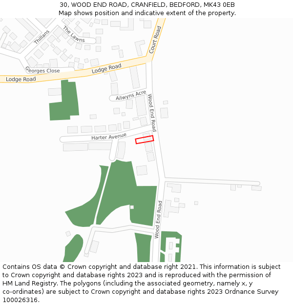 30, WOOD END ROAD, CRANFIELD, BEDFORD, MK43 0EB: Location map and indicative extent of plot