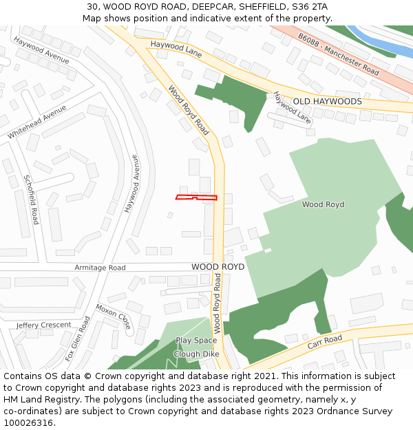 30, WOOD ROYD ROAD, DEEPCAR, SHEFFIELD, S36 2TA: Location map and indicative extent of plot
