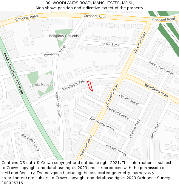 30, WOODLANDS ROAD, MANCHESTER, M8 9LJ: Location map and indicative extent of plot
