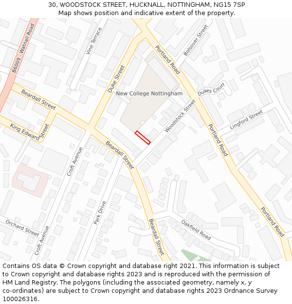 30, WOODSTOCK STREET, HUCKNALL, NOTTINGHAM, NG15 7SP: Location map and indicative extent of plot