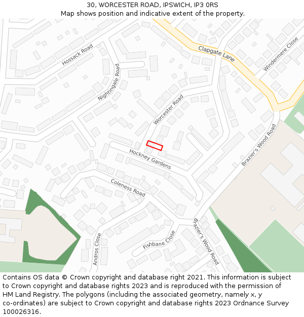 30, WORCESTER ROAD, IPSWICH, IP3 0RS: Location map and indicative extent of plot