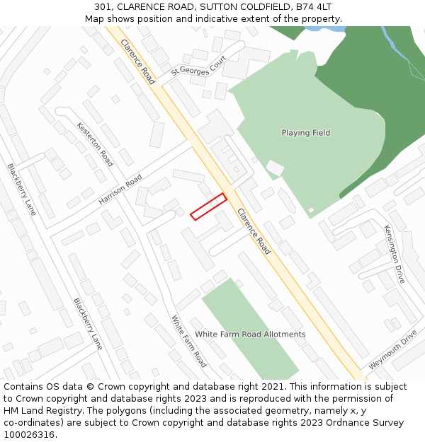 301, CLARENCE ROAD, SUTTON COLDFIELD, B74 4LT: Location map and indicative extent of plot