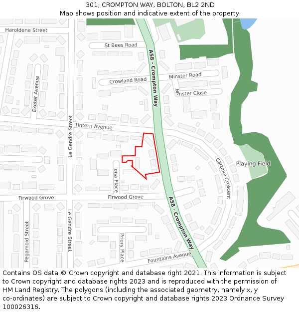 301, CROMPTON WAY, BOLTON, BL2 2ND: Location map and indicative extent of plot
