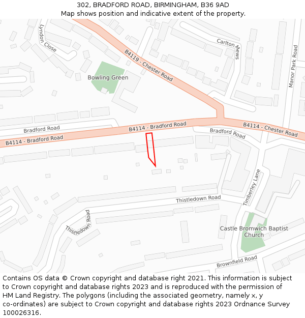 302, BRADFORD ROAD, BIRMINGHAM, B36 9AD: Location map and indicative extent of plot