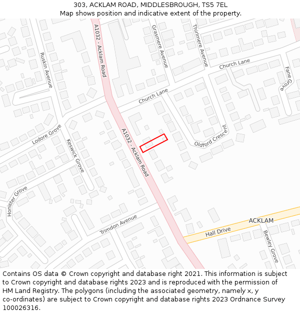 303, ACKLAM ROAD, MIDDLESBROUGH, TS5 7EL: Location map and indicative extent of plot
