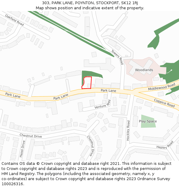 303, PARK LANE, POYNTON, STOCKPORT, SK12 1RJ: Location map and indicative extent of plot