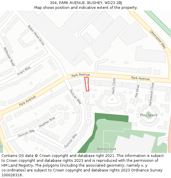 304, PARK AVENUE, BUSHEY, WD23 2BJ: Location map and indicative extent of plot