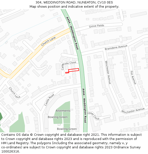 304, WEDDINGTON ROAD, NUNEATON, CV10 0ES: Location map and indicative extent of plot