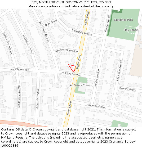 305, NORTH DRIVE, THORNTON-CLEVELEYS, FY5 3RD: Location map and indicative extent of plot