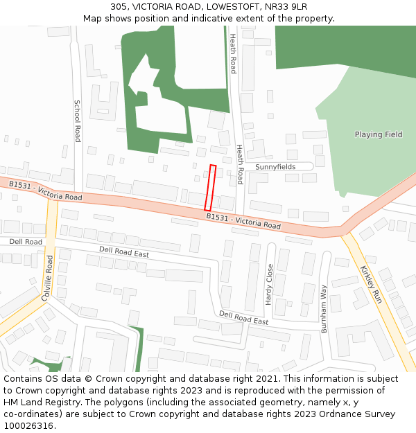 305, VICTORIA ROAD, LOWESTOFT, NR33 9LR: Location map and indicative extent of plot