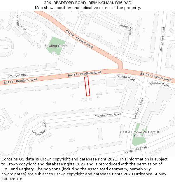 306, BRADFORD ROAD, BIRMINGHAM, B36 9AD: Location map and indicative extent of plot