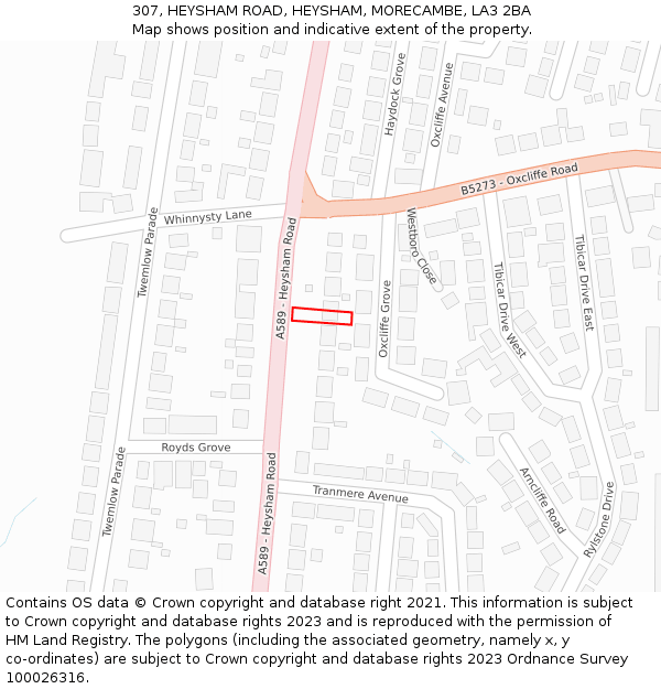 307, HEYSHAM ROAD, HEYSHAM, MORECAMBE, LA3 2BA: Location map and indicative extent of plot