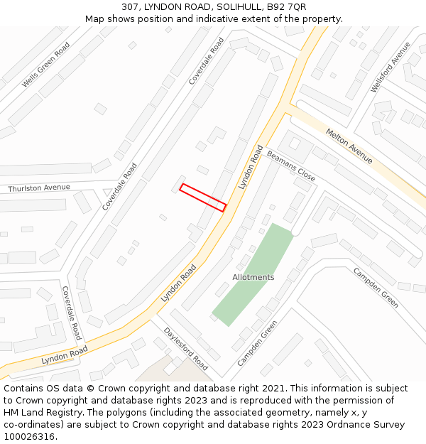 307, LYNDON ROAD, SOLIHULL, B92 7QR: Location map and indicative extent of plot