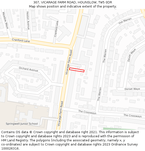 307, VICARAGE FARM ROAD, HOUNSLOW, TW5 0DR: Location map and indicative extent of plot
