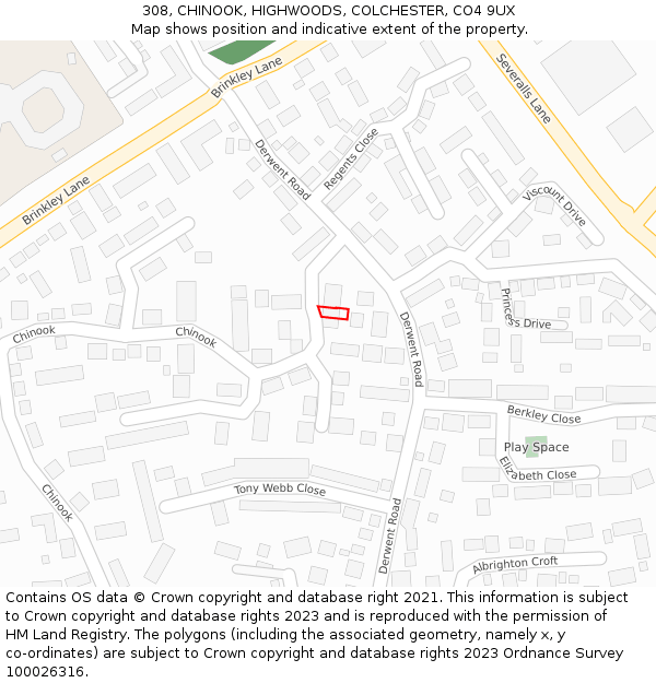 308, CHINOOK, HIGHWOODS, COLCHESTER, CO4 9UX: Location map and indicative extent of plot
