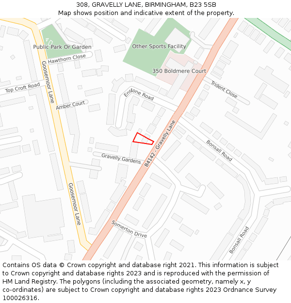 308, GRAVELLY LANE, BIRMINGHAM, B23 5SB: Location map and indicative extent of plot