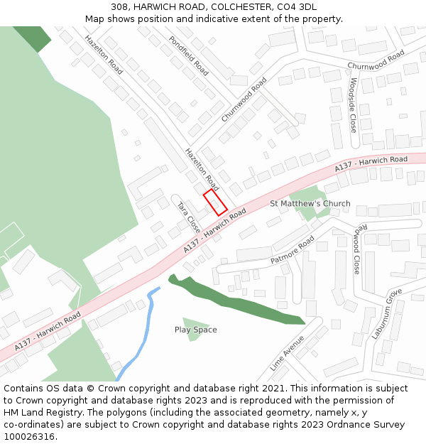 308, HARWICH ROAD, COLCHESTER, CO4 3DL: Location map and indicative extent of plot