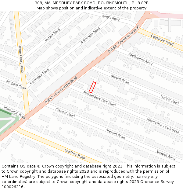308, MALMESBURY PARK ROAD, BOURNEMOUTH, BH8 8PR: Location map and indicative extent of plot