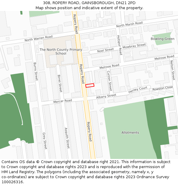 308, ROPERY ROAD, GAINSBOROUGH, DN21 2PD: Location map and indicative extent of plot