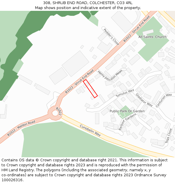 308, SHRUB END ROAD, COLCHESTER, CO3 4RL: Location map and indicative extent of plot