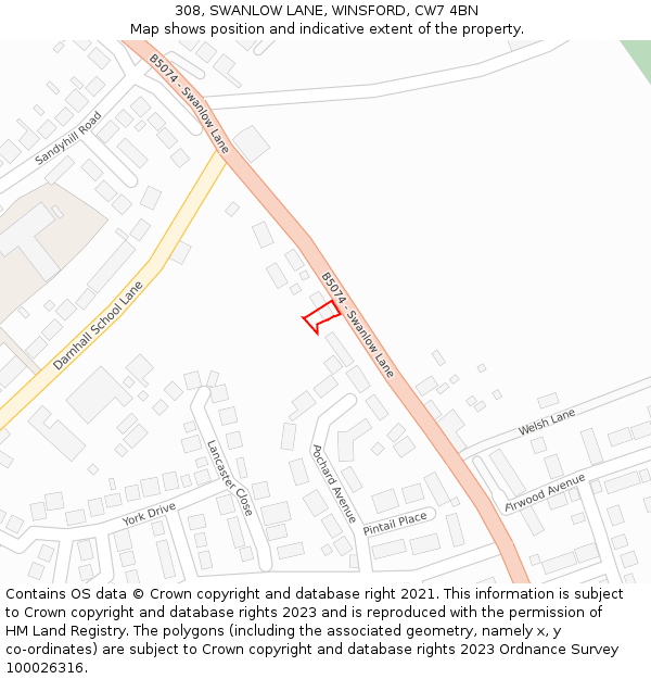 308, SWANLOW LANE, WINSFORD, CW7 4BN: Location map and indicative extent of plot