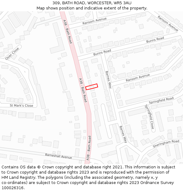 309, BATH ROAD, WORCESTER, WR5 3AU: Location map and indicative extent of plot