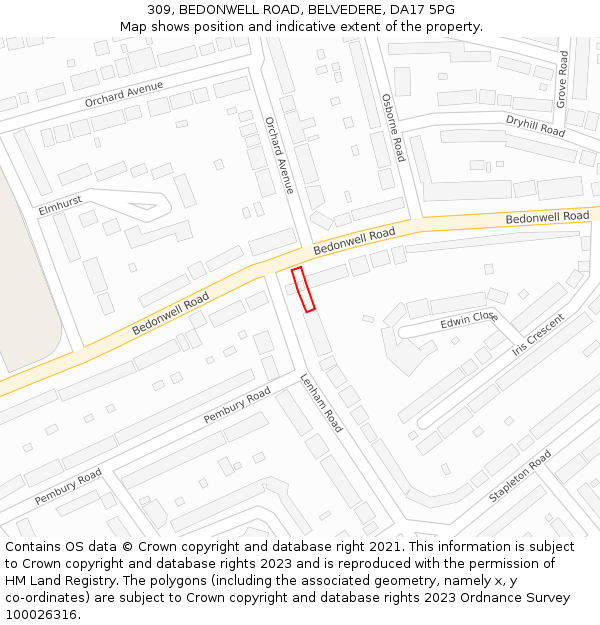 309, BEDONWELL ROAD, BELVEDERE, DA17 5PG: Location map and indicative extent of plot