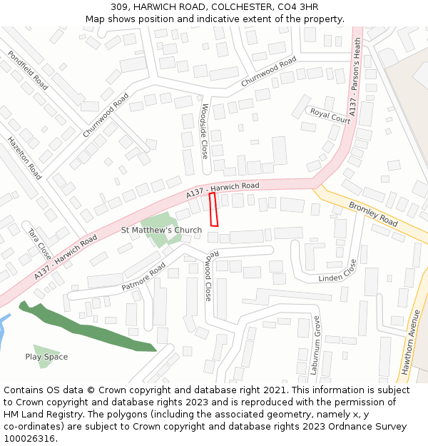 309, HARWICH ROAD, COLCHESTER, CO4 3HR: Location map and indicative extent of plot