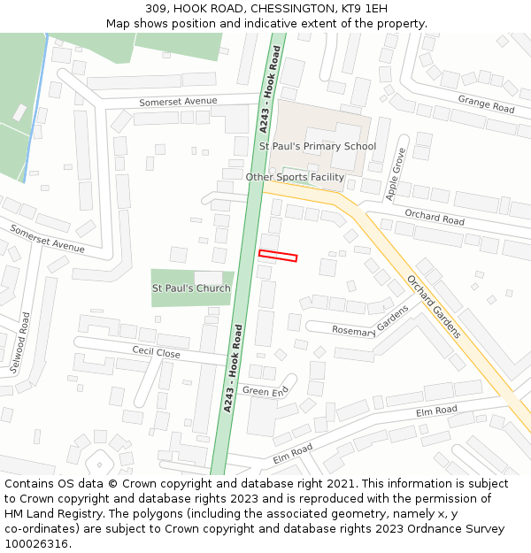 309, HOOK ROAD, CHESSINGTON, KT9 1EH: Location map and indicative extent of plot