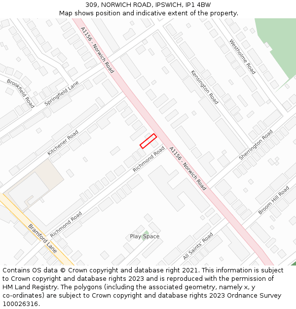 309, NORWICH ROAD, IPSWICH, IP1 4BW: Location map and indicative extent of plot