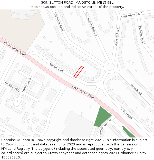 309, SUTTON ROAD, MAIDSTONE, ME15 9BL: Location map and indicative extent of plot