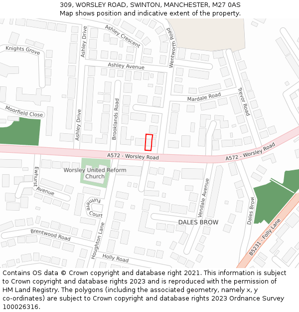 309, WORSLEY ROAD, SWINTON, MANCHESTER, M27 0AS: Location map and indicative extent of plot