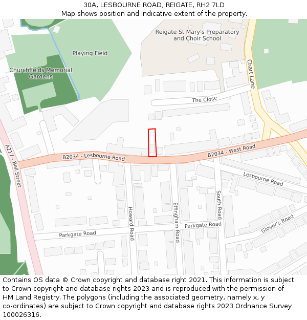 30A, LESBOURNE ROAD, REIGATE, RH2 7LD: Location map and indicative extent of plot
