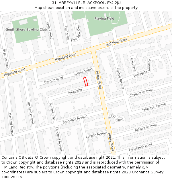 31, ABBEYVILLE, BLACKPOOL, FY4 2JU: Location map and indicative extent of plot