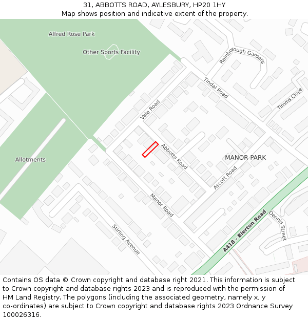 31, ABBOTTS ROAD, AYLESBURY, HP20 1HY: Location map and indicative extent of plot