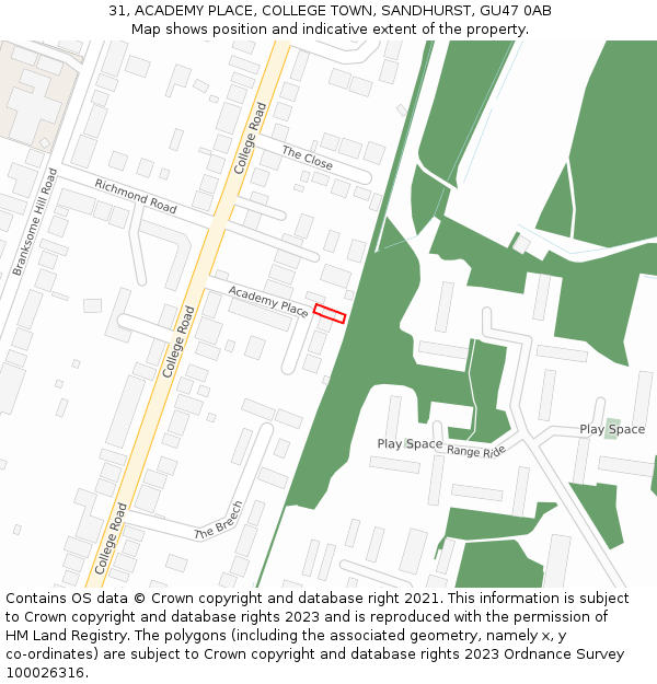 31, ACADEMY PLACE, COLLEGE TOWN, SANDHURST, GU47 0AB: Location map and indicative extent of plot