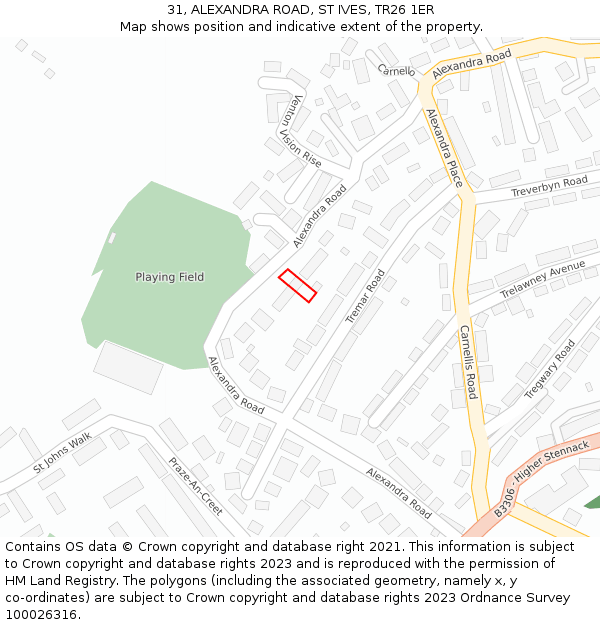 31, ALEXANDRA ROAD, ST IVES, TR26 1ER: Location map and indicative extent of plot
