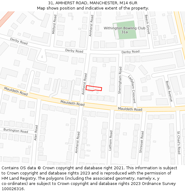 31, AMHERST ROAD, MANCHESTER, M14 6UR: Location map and indicative extent of plot