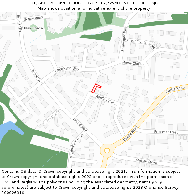 31, ANGLIA DRIVE, CHURCH GRESLEY, SWADLINCOTE, DE11 9JR: Location map and indicative extent of plot
