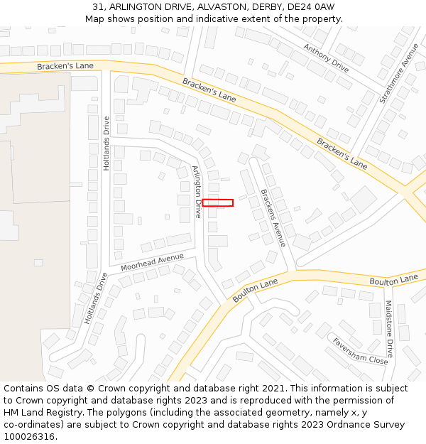 31, ARLINGTON DRIVE, ALVASTON, DERBY, DE24 0AW: Location map and indicative extent of plot