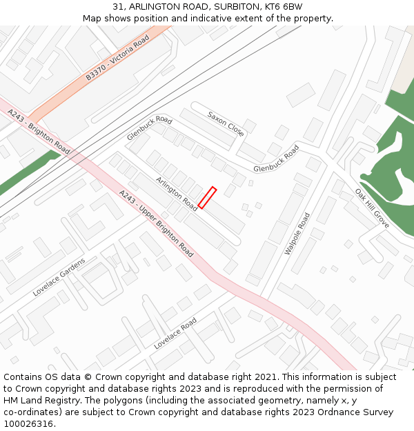31, ARLINGTON ROAD, SURBITON, KT6 6BW: Location map and indicative extent of plot