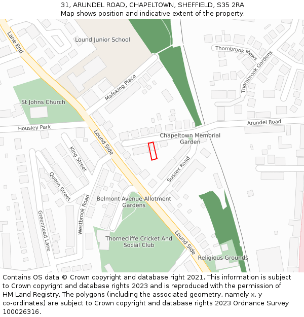 31, ARUNDEL ROAD, CHAPELTOWN, SHEFFIELD, S35 2RA: Location map and indicative extent of plot