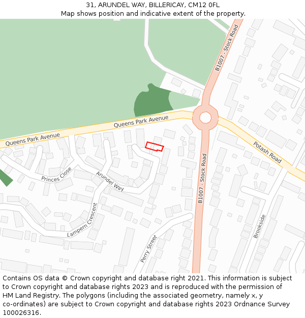 31, ARUNDEL WAY, BILLERICAY, CM12 0FL: Location map and indicative extent of plot