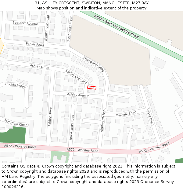 31, ASHLEY CRESCENT, SWINTON, MANCHESTER, M27 0AY: Location map and indicative extent of plot