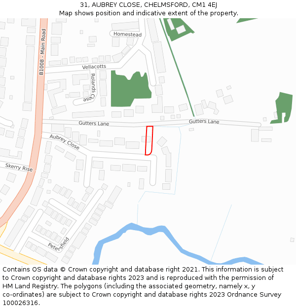 31, AUBREY CLOSE, CHELMSFORD, CM1 4EJ: Location map and indicative extent of plot