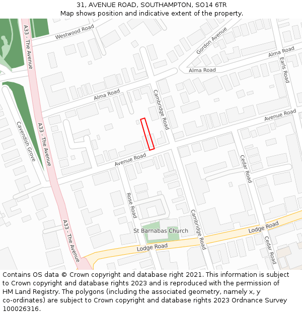 31, AVENUE ROAD, SOUTHAMPTON, SO14 6TR: Location map and indicative extent of plot